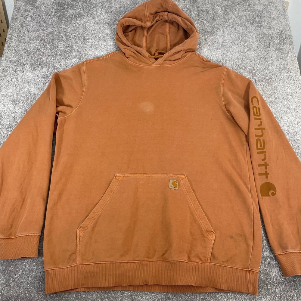 Carhartt Hoodie Mens Extra Large Relaxed Fit Terry Sweatshirt Distressed Orange